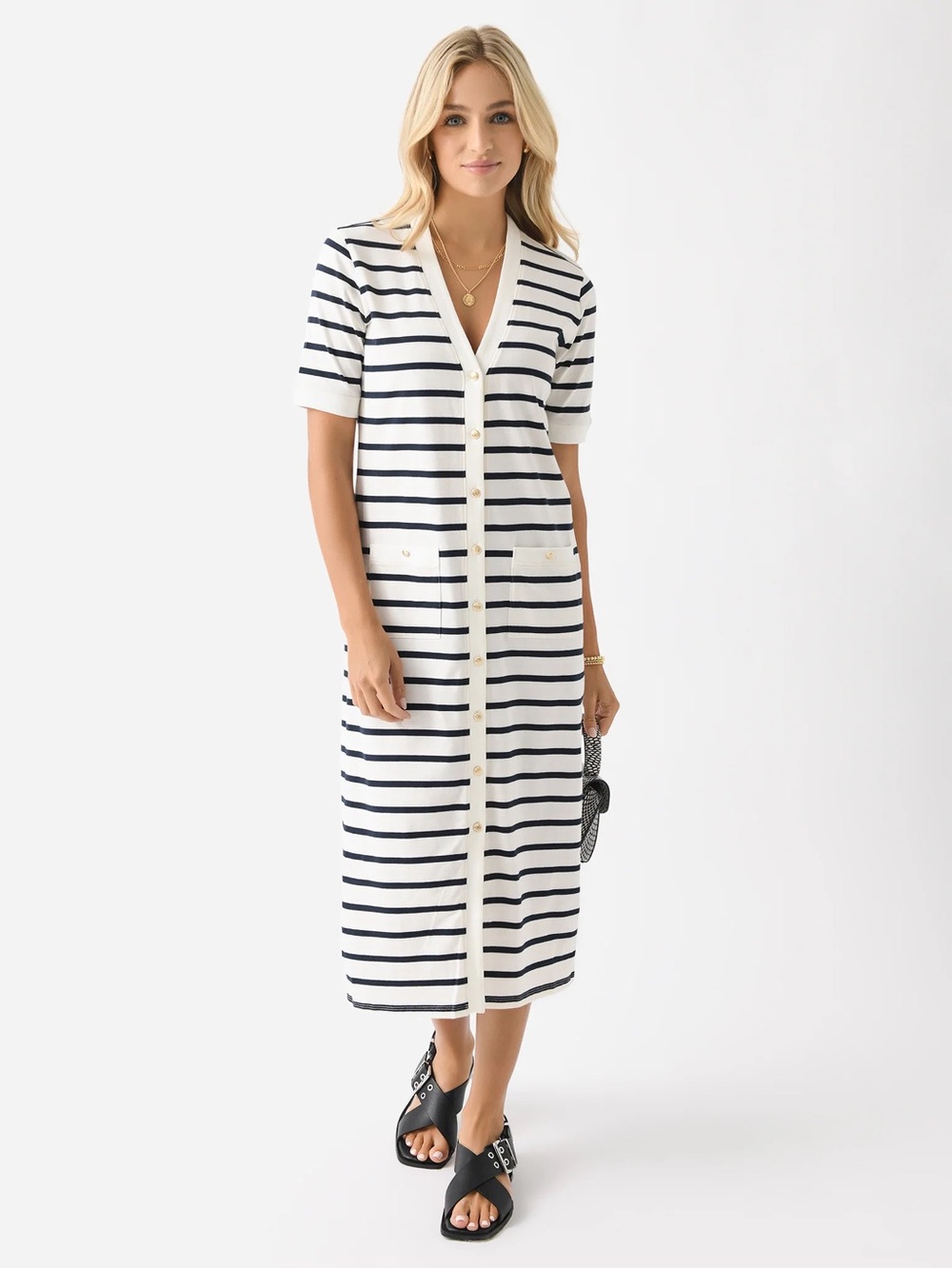 FRAME Stripe Henley Midi Dress Striped Button Front Knit Navy White